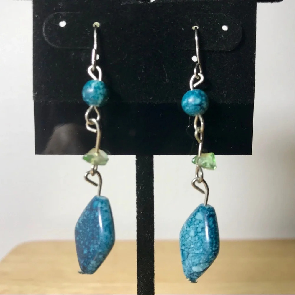 Silver Tone Blue and Green Beaded Dangle Earrings - Picture 2 of 3